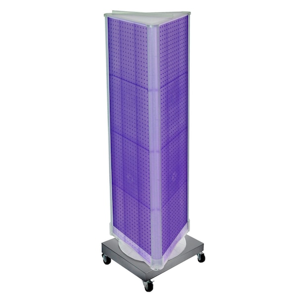 Three-Sided Revolving Pegboard Tower Floor Display on Wheeled Metal Base. Spinner Rack Stand.